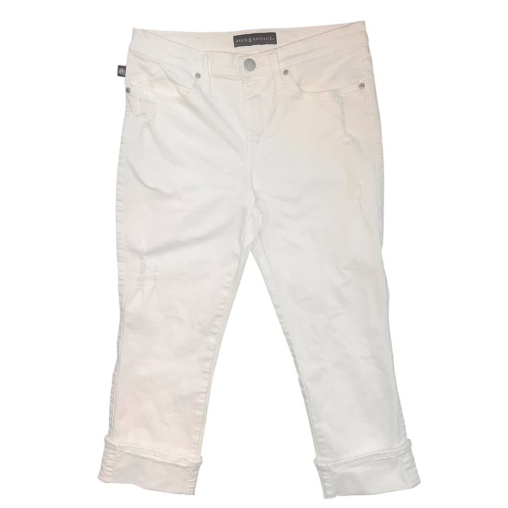Rock & Republic White Cropped Distressed Jeans Size 10 Summer Stretch